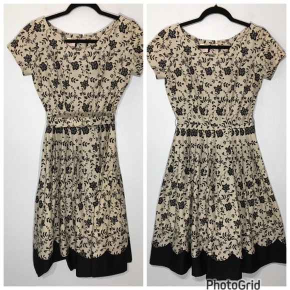 Vintage 50s Tan Floral Fit and Flare Party Dress Matching Belt Pleated Skirt VLV - Picture 4 of 16